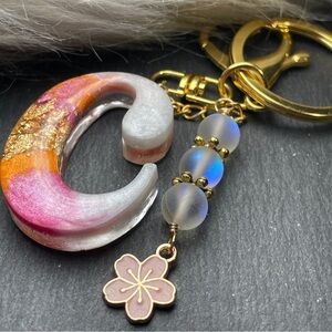 Orange Pink And Cream Initial Letter “C”  Keychain with Gold Foil Inlay Accents